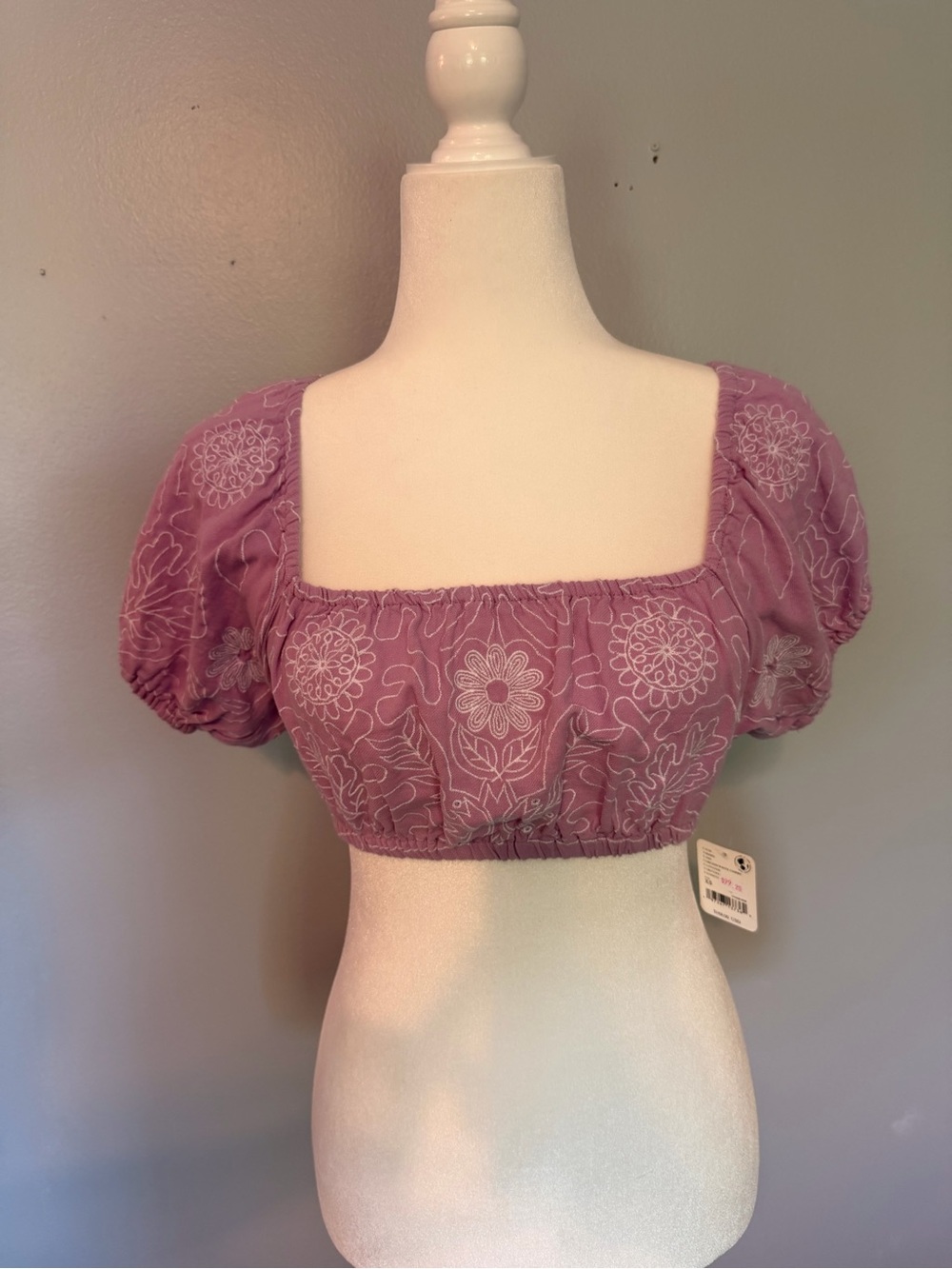 NWT Free People Mauve Embroidered Puff Sleeve Crop Top